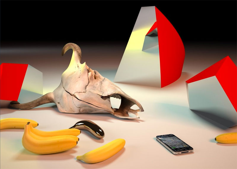 Bananes en plastique, un téléphone portable et un crâne bovin composent l'oeuvre de Takeshi Murata
