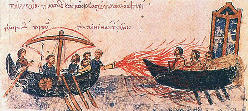 Le feu grégeois, représenté dans le manuscrit Skylitzès, XIIe siècle, Madrid