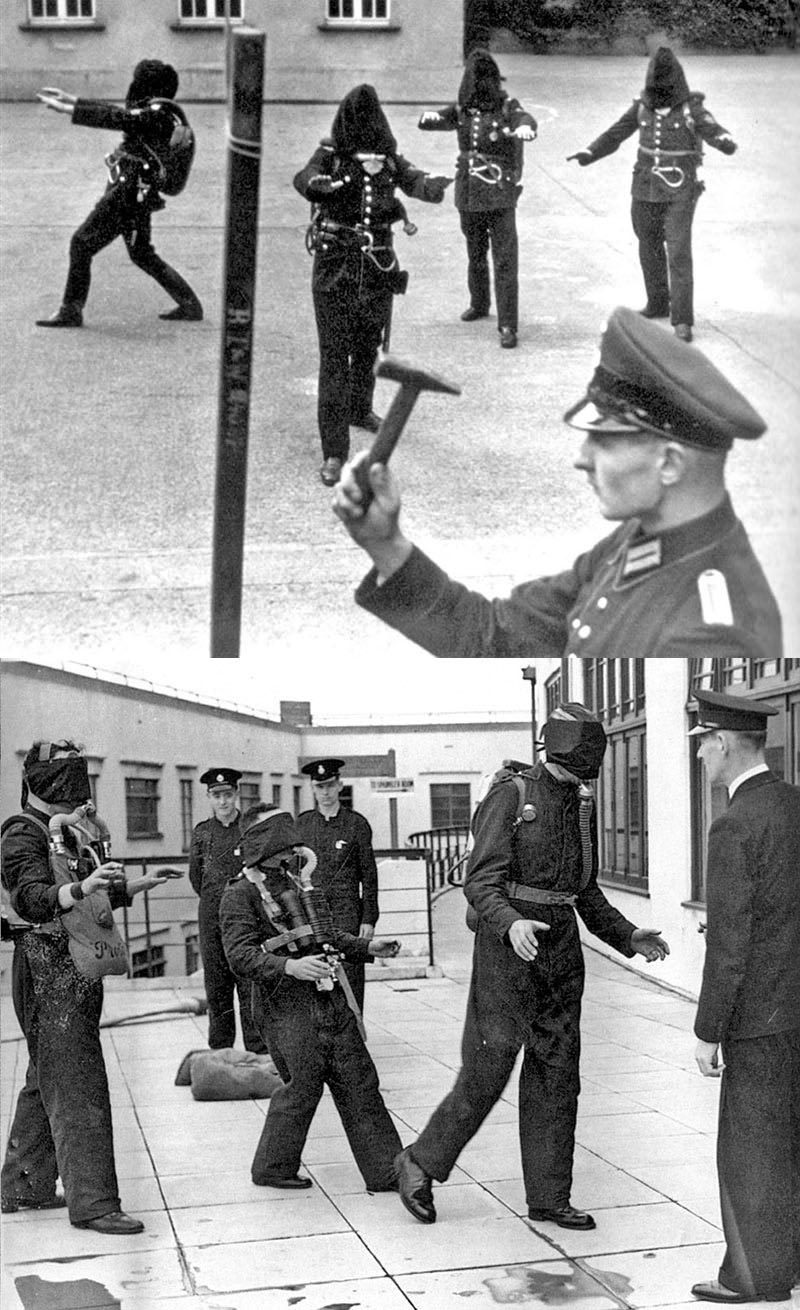 Pompiers allemands et anglais, respectivement testés sur leur capacité à suivre un son dans le noir, ca 1940